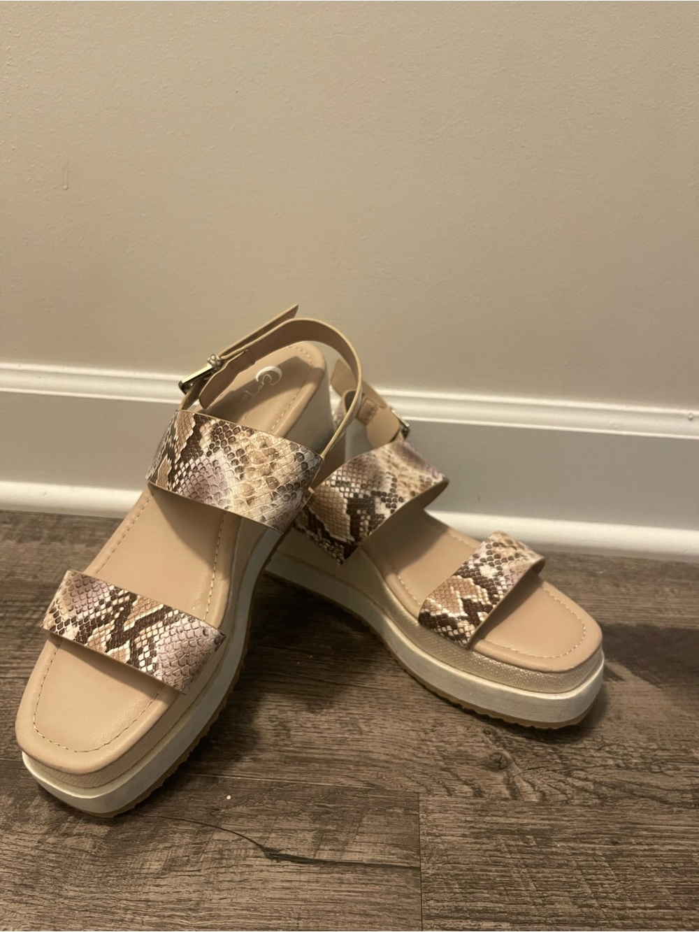 Wedge Sandal with Snake-Print Straps - Beige